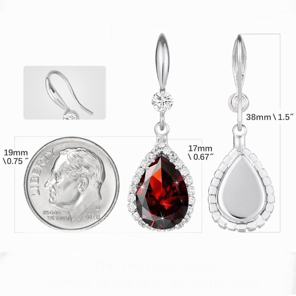 14K White Gold with Red Garnet Cubic Zirconia Teardrop Hook Dangling Earrings - Picture 5 of 5